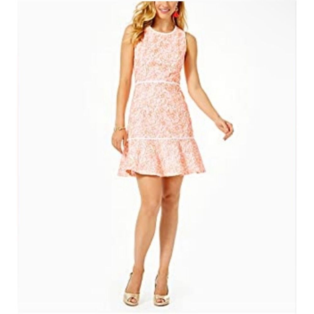 Lilly Pulitzer Ellen dress pink coral cantaloupe lasercut embroidered mini dress